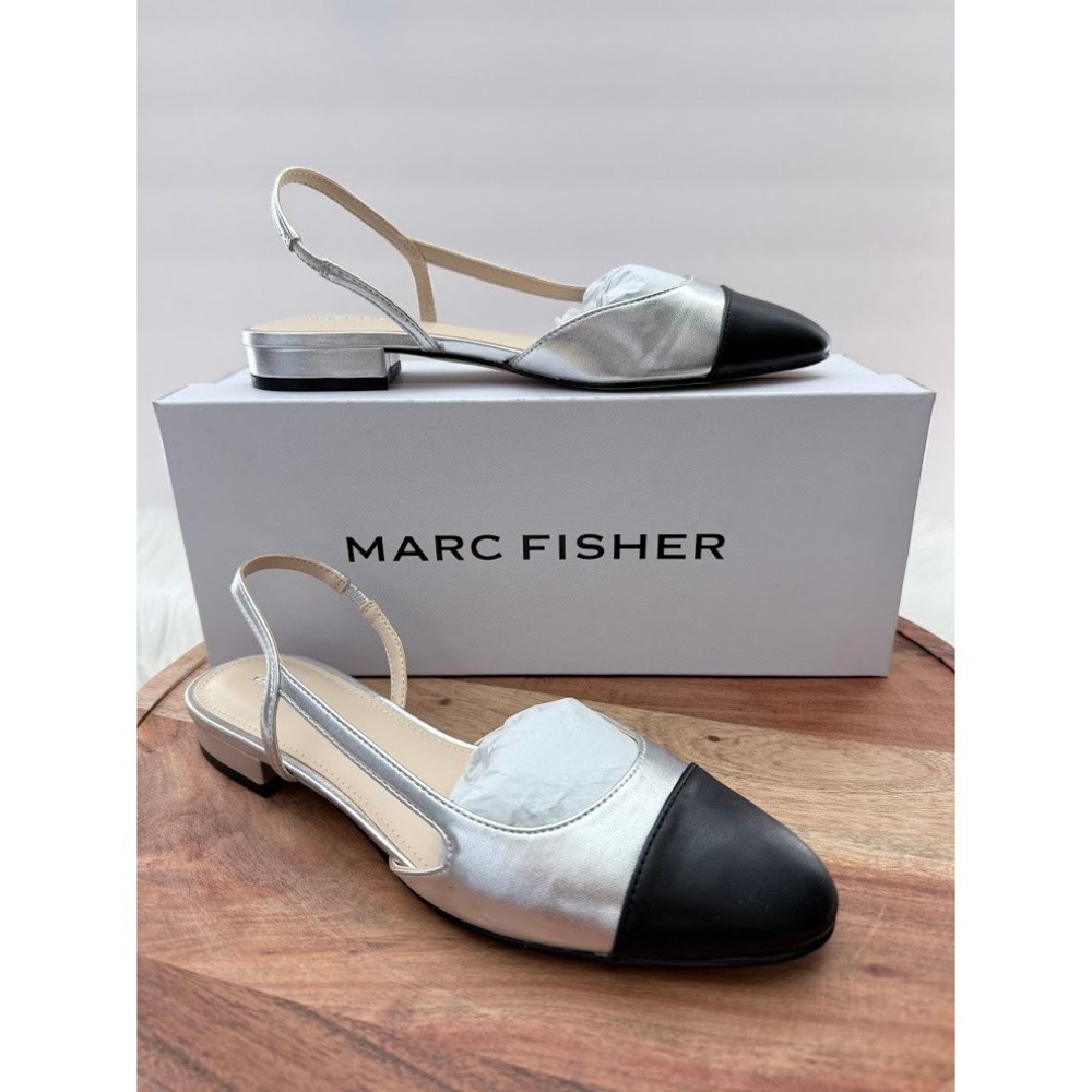 Marc Fisher Dela2 Silver Metallic Black Cap Toe Slingback Flats Shoes 7.5 M NWB